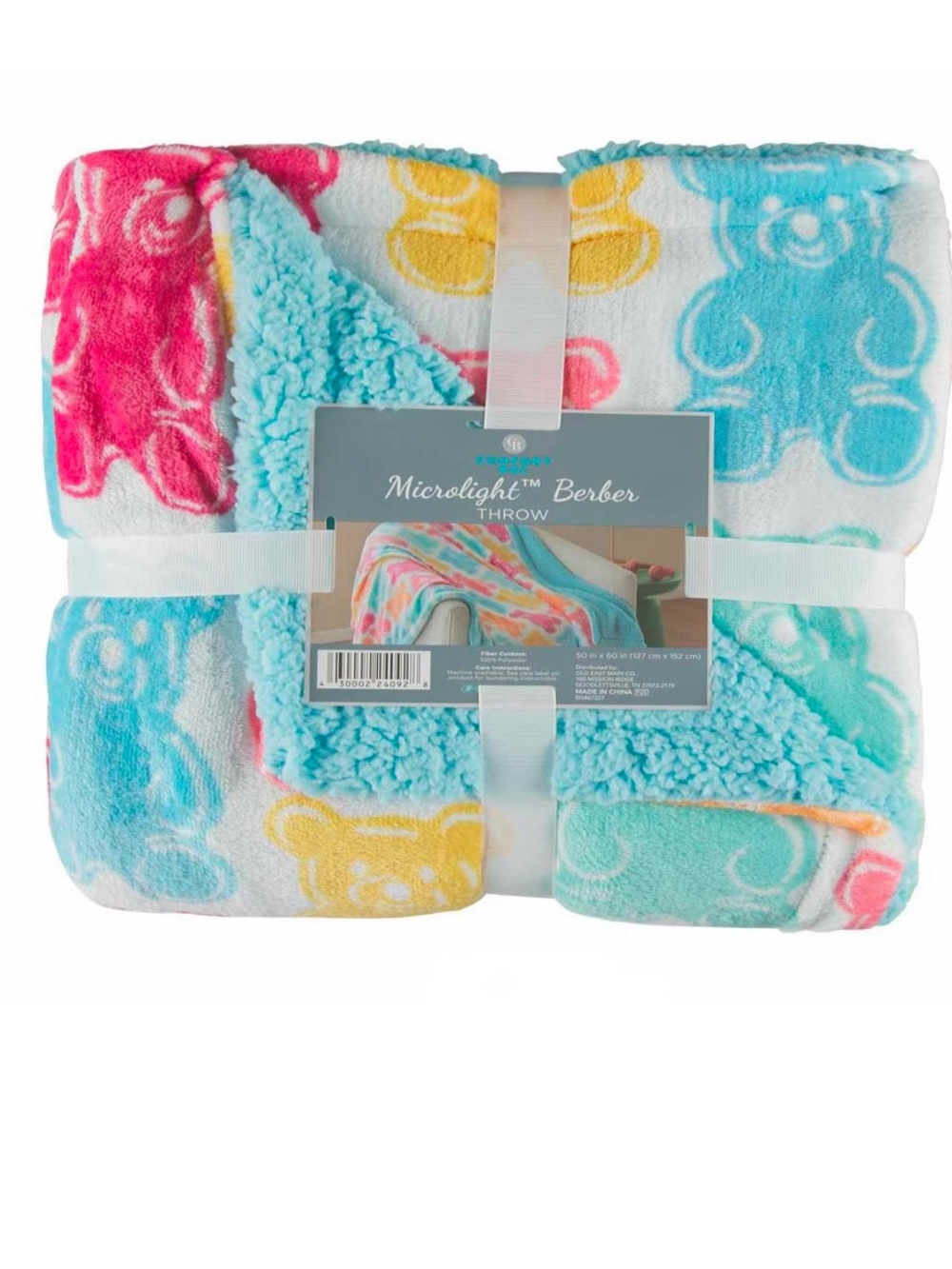 Comfort Bay Microlight Berber Bear Throw Blanket - Blue, Pink, Yellow, White